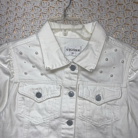 Vigoss Denim Jacket Womens Sz M White‎ Jean Petals Pearl Posy Pockets Western - Picture 2 of 13